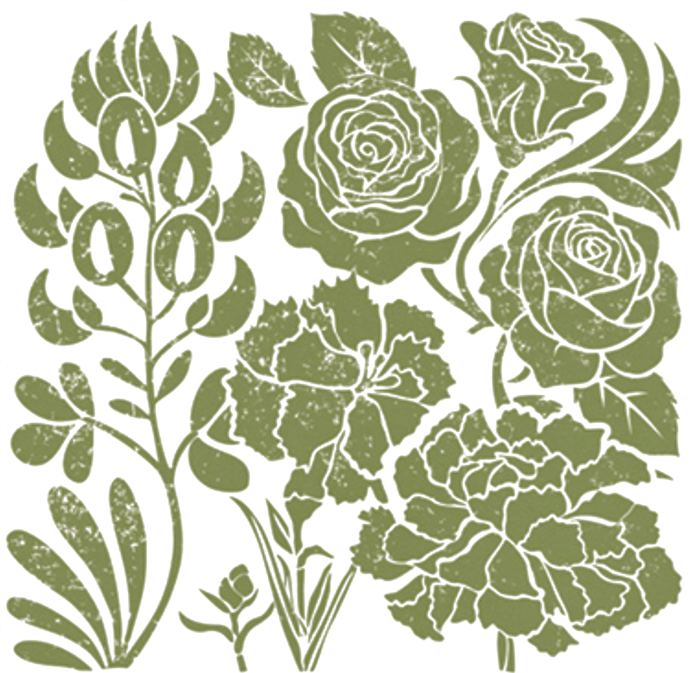 Botanical letterpress illustration: bluebonnets, roses, and carnations