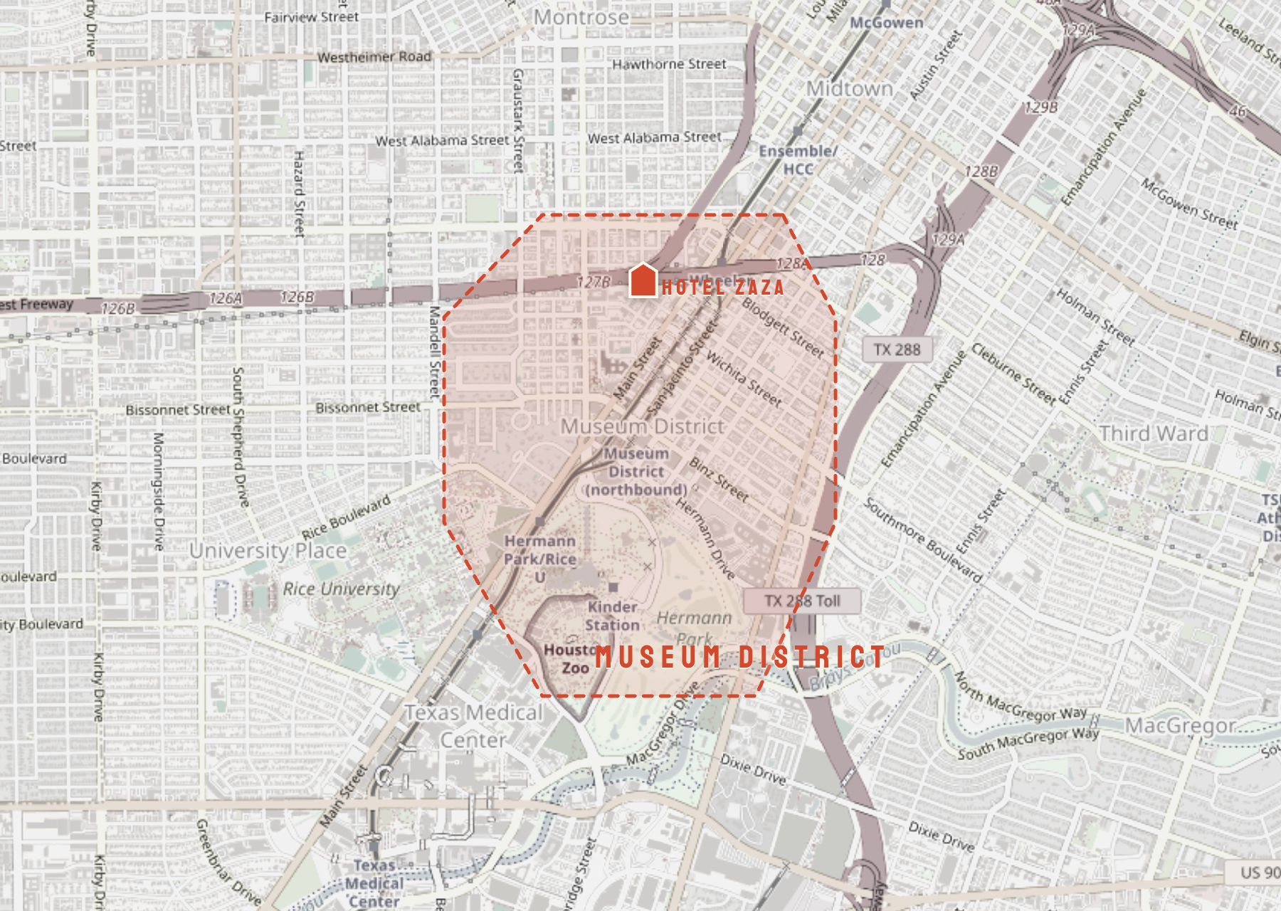 Map of Houston with the Museum District highlighted and Hotel ZaZa marked